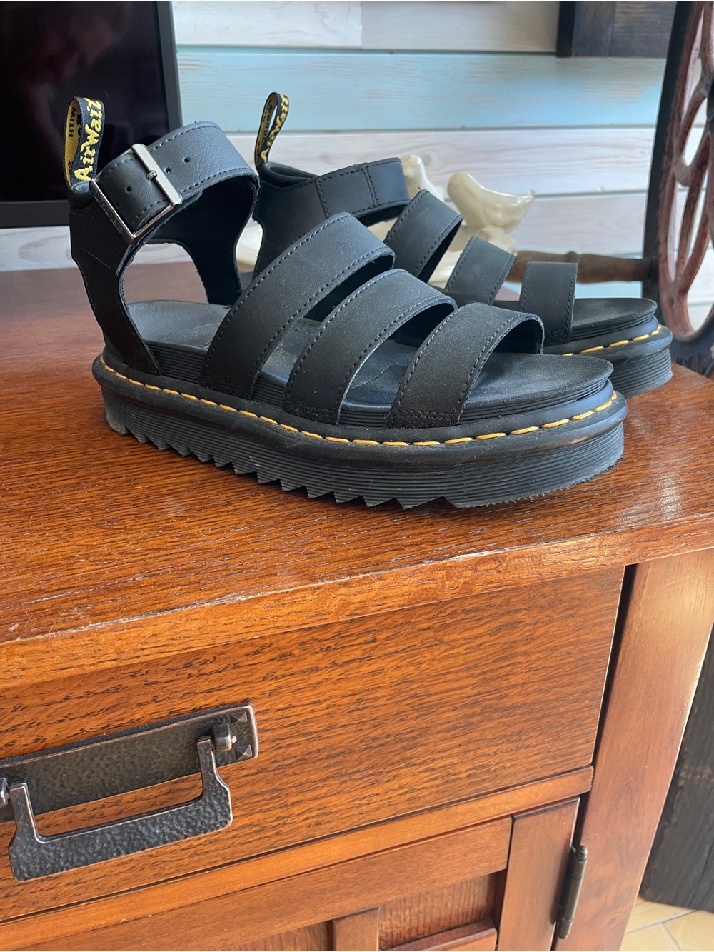 Dr. Martens Blaire Black Leather Strappy Platform Sandals with Yellow Stitching